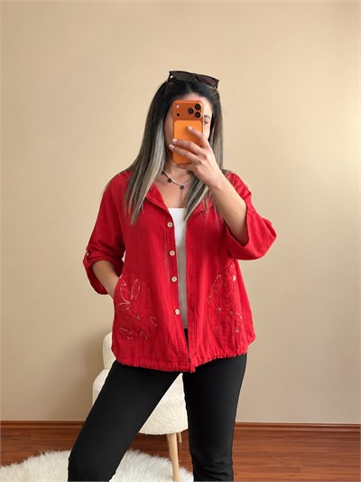 Yıldız Motifli %100 Pamuk Ceket-Kırmızı