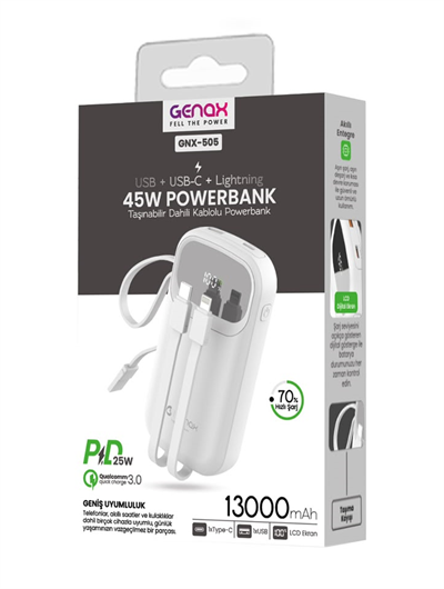 Genax GNX-505 13000mAh 45W Taşınabilir Dahili Kablolu Hızlı Powerbank