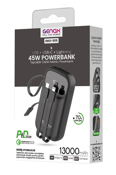 Genax GNX-505 Dahili Kablolu Hızlı Şarj Powerbank Siyah (13000mAh / 45W)