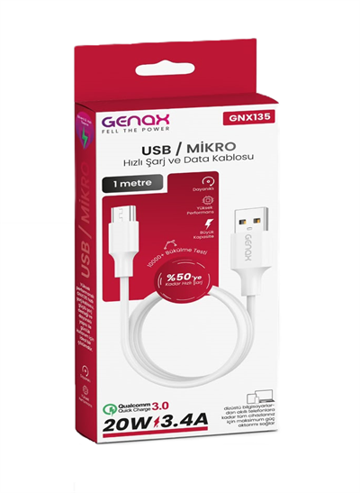 USB / Micro USB Hızlı Şarj ve Data Kablosu (1 Metre - 20W / 3.4A)