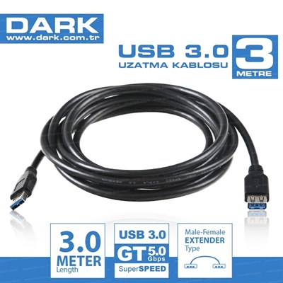 Dark USB Uzatma Kablosu Siyah (3m)