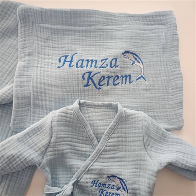 İsme Özel Yunus Nakışlı 6 Parça Mavi Müslin Hastane Çıkışı Seti | %100 Pamuk, Kişiye Özel Bebek Hediyesi