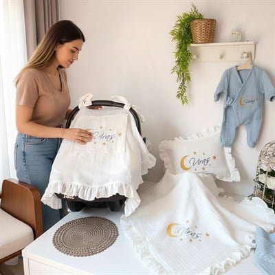 Kişiselleştirilmiş 4 Katlı Müslin Bebek Seti - Altın Sarısı Nakış İşlemeli