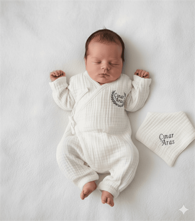 Kişiye Özel Nakışlı Müslin Bebek Hastane Çıkışı Seti – 3 Parça