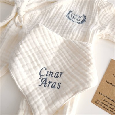 Kişiye Özel Nakışlı Müslin Bebek Hastane Çıkışı Seti – 3 Parça