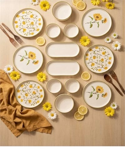 14 Parça Sarı Çiçek Desenli Yemek Takımı – Gold Detaylı Şık Sofra Seti, Zarif Servis Takımı