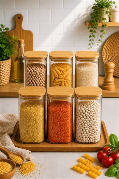 6'lı 1500 ml Bambu Kapaklı Kare Cam Baharatlık Drajelik Ve Erzak Kabı