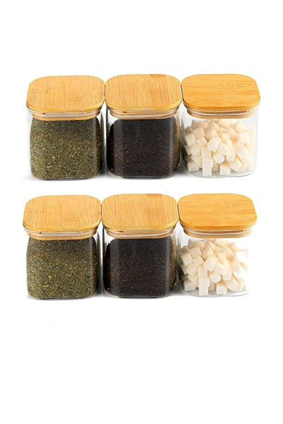 6'lı 800 Ml Bambu Kapaklı Kare Cam Baharatlık Drajelik Ve Erzak Kabı