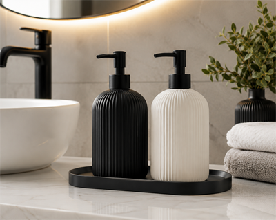 Dilay Home 2'li Siyah Beyaz Sıvı Sabunluk Seti – Çizgili Modern Banyo ve Mutfak Sabun Dispenseri