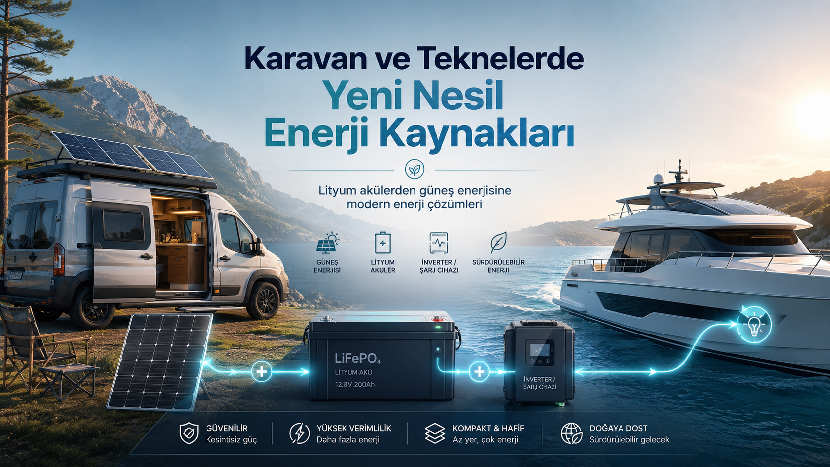 Karavan ve teknelerde güneş paneli,lityum akü ve inverter kullanılan yeni nesil enerji sistemleri
