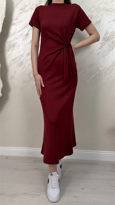 BELİ BAĞLAMALI MODAL KUMAŞ ELBİSE- BORDO