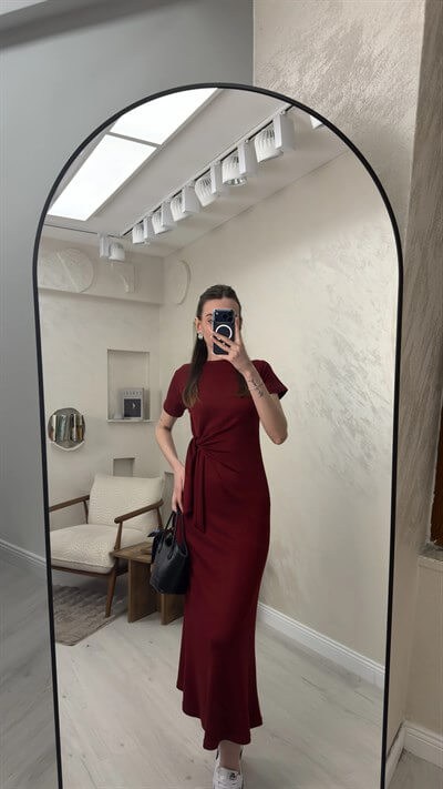 BELİ BAĞLAMALI MODAL KUMAŞ ELBİSE- BORDO