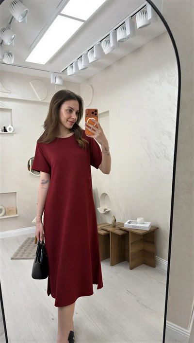 BİSİKLET YAKA MODAL KUMAŞ SALAŞ ELBİSE-BORDO