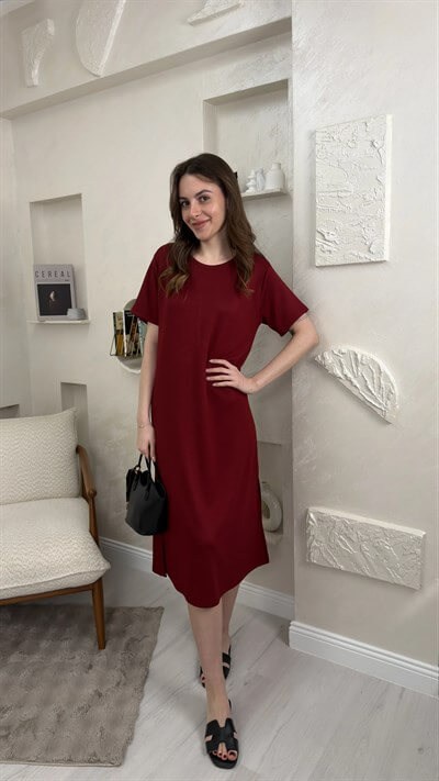 BİSİKLET YAKA MODAL KUMAŞ SALAŞ ELBİSE-BORDO