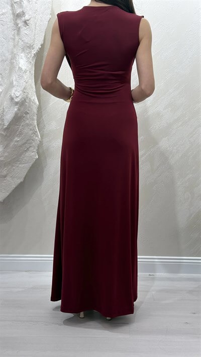 DEGAJE YAKA SANDY ELBİSE- BORDO