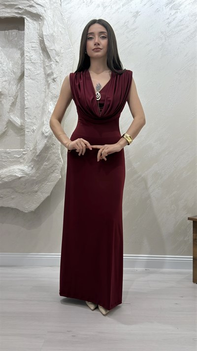 DEGAJE YAKA SANDY ELBİSE- BORDO