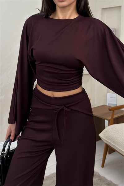 Alice Bordo Renkli Yarasa Kol Crop Bluz Genis Paca Pantolon Takim