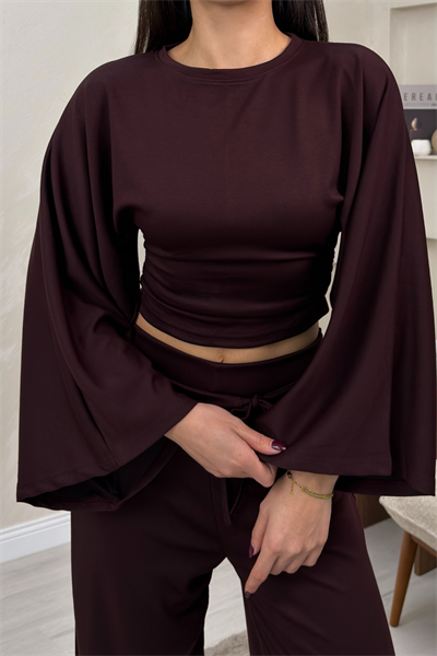 Alice Bordo Renkli Yarasa Kol Crop Bluz Genis Paca Pantolon Takim