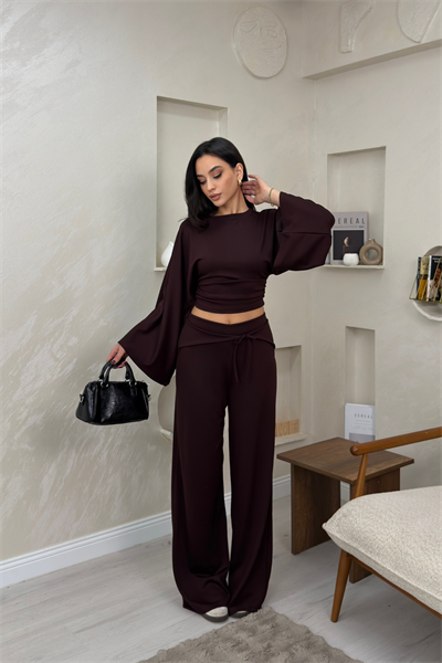 Alice Bordo Renkli Yarasa Kol Crop Bluz Genis Paca Pantolon Takim