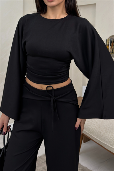 Alice Siyah Renkli Yarasa Kol Crop Bluz Genis Paca Pantolon Takim
