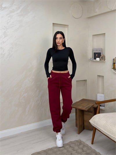 Amaris Bordo Renkli Bol Paça Beli Lastikli Kadın Eşofman Altı