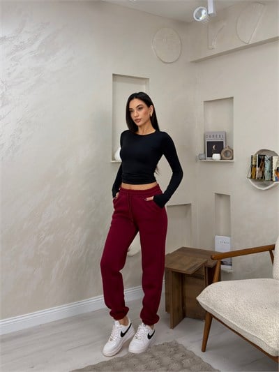 Amaris Bordo Renkli Bol Paça Beli Lastikli Kadın Eşofman Altı
