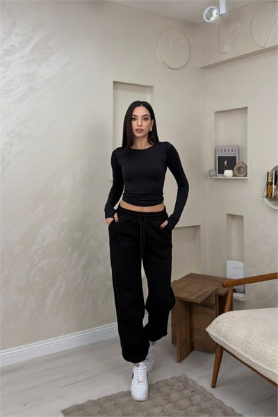 Amaris Siyah Renkli Bol Paça Beli Lastikli Kadın Eşofman Altı