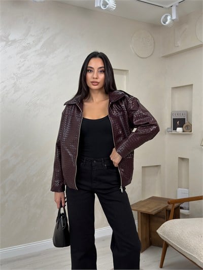 Bianca Mürdüm Renkli Örgü Dokulu Kadın Deri Ceket