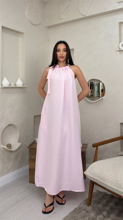 Faye Pembe Renkli Boyundan Bağlamalı Salaş Tarz Kadın Maxi Elbise 