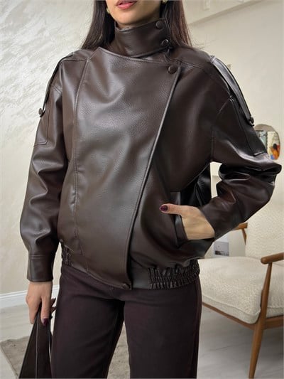 Grace Kahve Renkli Biker Kadın Ceket | miraylawear