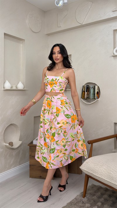 Gwen Pembe Renkli Çiçek Tasarımlı Crop Kadın Etek Takım