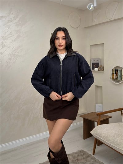 Helena Laci Renkli Deri Yaka Detaylı Fermuarlı Kadın Denim Mont