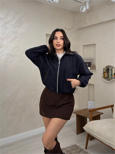 Helena Laci Renkli Deri Yaka Detaylı Fermuarlı Kadın Denim Mont