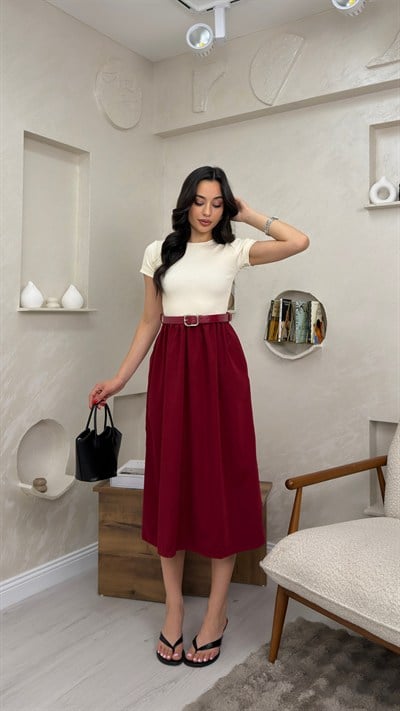 KEMERLİ PİLELİ MİDİ ETEK ELBİSE- BORDO