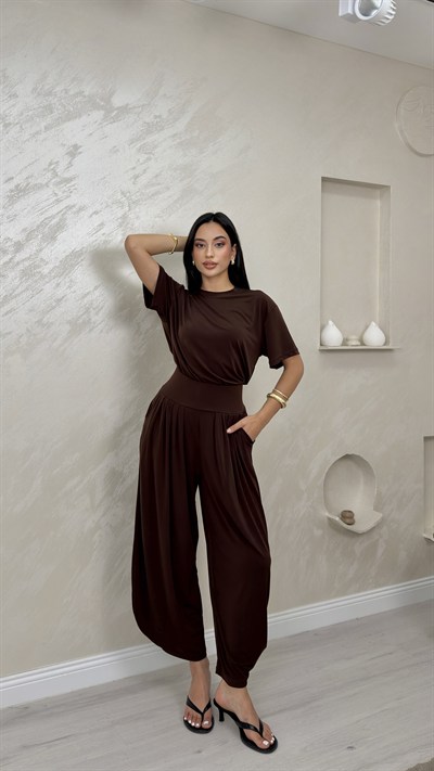 Lena Kahve Renkli Lux Alt Üst Kadın Şalvar Takım