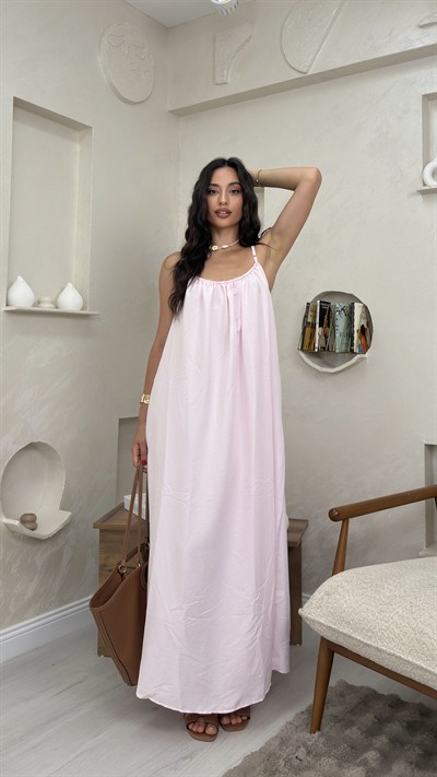 Luna Pembe Renkli Askılı Salaş Kadın Maxi Elbise