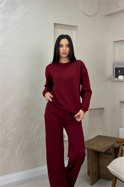 Misty Bordo Renkli Bisiklet Yaka Bol Paca Kadın Alt Üst Takım