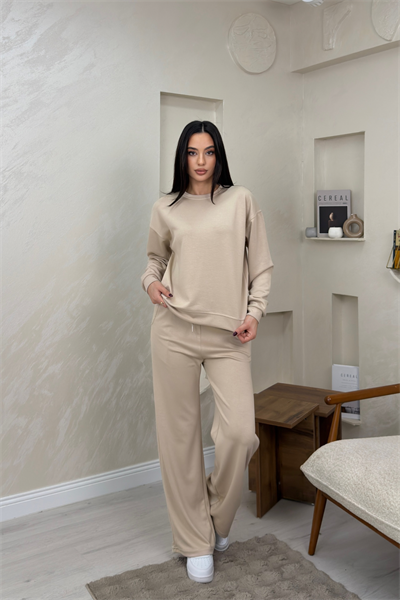 Misty Krem Renkli Bisiklet Yaka Bol Paca Kadın Alt Üst Takım | miraylawear