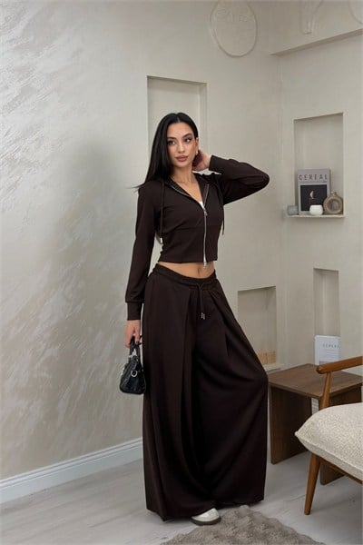 Paloma Kahve Renkli Kapüşonlu Fermuarlı Bol Paça Kadın Alt - Üst Takım | miraylawear