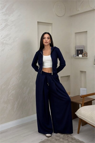 Paloma Lacivert Renkli Kapüşonlu Fermuarlı Bol Paça Kadın Alt - Üst Takım | miraylawear