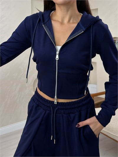 Paloma Lacivert Renkli Kapüşonlu Fermuarlı Bol Paça Kadın Alt - Üst Takım