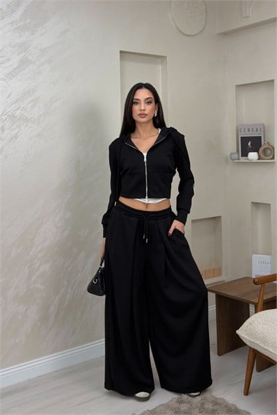 Paloma Siyah Renkli Kapüşonlu Fermuarlı Bol Paça Kadın Alt - Üst Takım | miraylawear