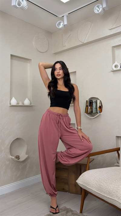 Polina Pudra Renkli Bilekten Lastikli Kadın Salvar Pantolon