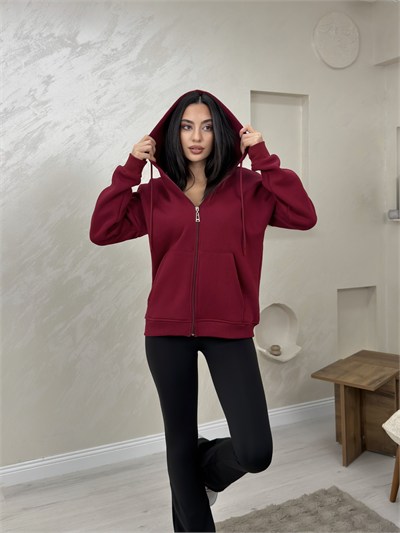Rhonda Bordo Renkli Fermuarlı Kadın Kapşonlu Sweatshirt