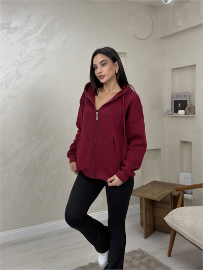 Rhonda Bordo Renkli Fermuarlı Kadın Kapşonlu Sweatshirt