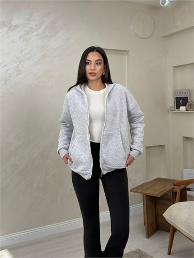 Rhonda Gri Renkli Fermuarlı Kadın Kapşonlu Sweatshirt