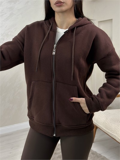 Rhonda Kahve Renkli Fermuarlı Kadın Kapşonlu Sweatshirt