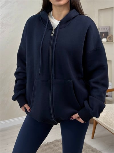 Rhonda Lacivert Renkli Fermuarlı Kadın Kapşonlu Sweatshirt