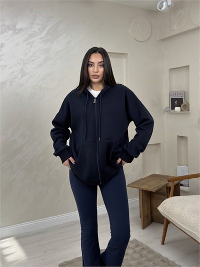 Rhonda Lacivert Renkli Fermuarlı Kadın Kapşonlu Sweatshirt