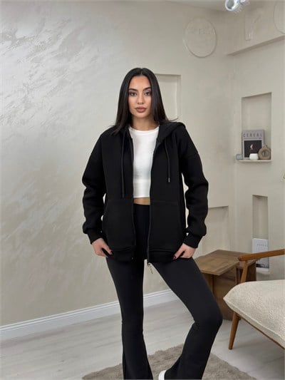 Rhonda Siyah Renkli Fermuarlı Kadın Kapşonlu Sweatshirt